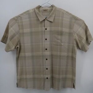 Tommy Bahama Shirt Mens XXL Plaid Silk Tan Short Sleeve Button Down